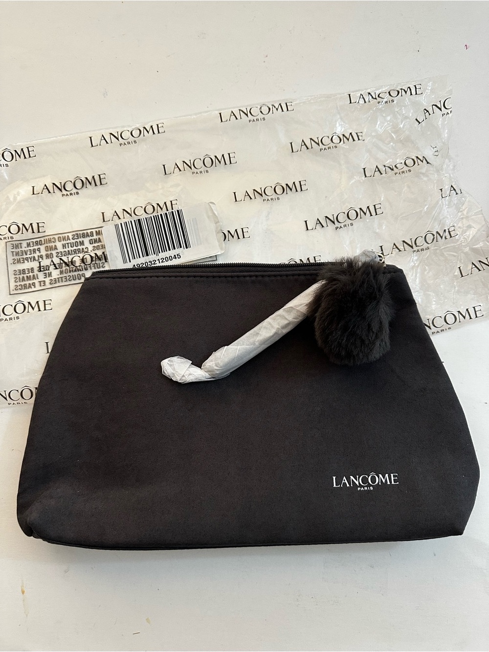 Lancôme Gray  Cosmetic Pouch/Wristlet with Pom Pom Zipper